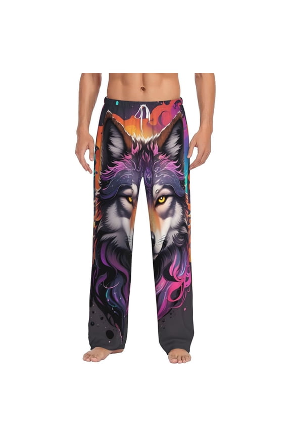 Colorful Wolf Head A Print Mens Pajama Pants Sleep & Lounge Pants, PJ Bottoms With elastic waistb and Pockets