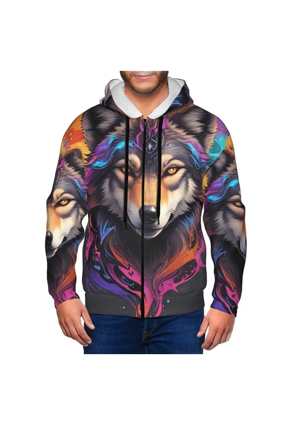 Colorful Wolf Head Mens Hoodies Zip Hoodie, Hoodies for Men, Zip-up Hooded Sweatshirt-Small