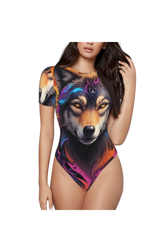 Colorful Wolf Head Prinr Short Sleeve Body suit for Womens, Sexy Onesie One Piece Round Neck Bodysuit Shapewear Tummy Control-Small
