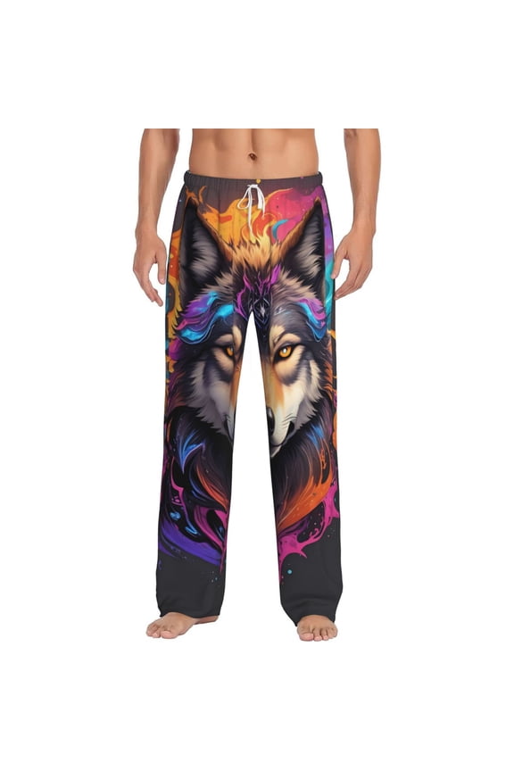 Colorful Wolf Head Print Mens Pajama Pants Sleep & Lounge Pants, PJ Bottoms With elastic waistb and Pockets