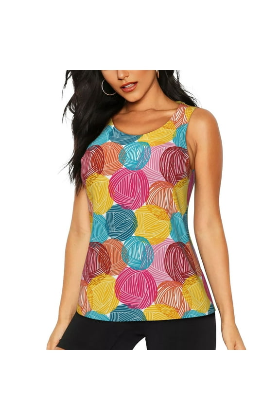 Colorful Wool Balls Print Tank Top Sports Vest Bra for Women Sports ,Performance Stretchy Quick Dry Sports Workout Running Top Vest with Removable Pads