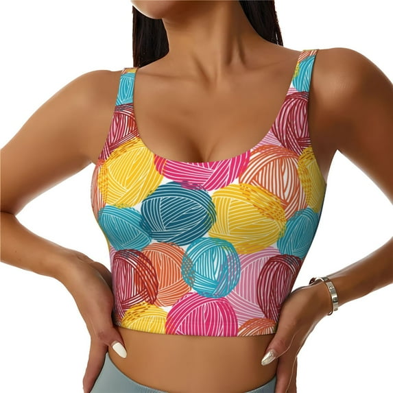 Vsdgher Colorful Wool Balls Print Women Sleeveless Athletic Tank Top Built-in Bra Camisole Sports Vest for Yoga Running Fitness Exercise with Removable Pads