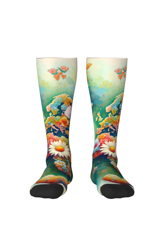 Colorful World Map Knee Socks, High Socks Long Stretchy Sock Women Knee High Stocking, Long Socks for Women