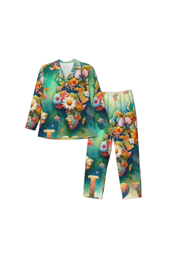 Colorful World Map Mens Pajama Set, Soft Warm Long Sleeve Sleepwear, Cozy Button-Down Pjs for Men-