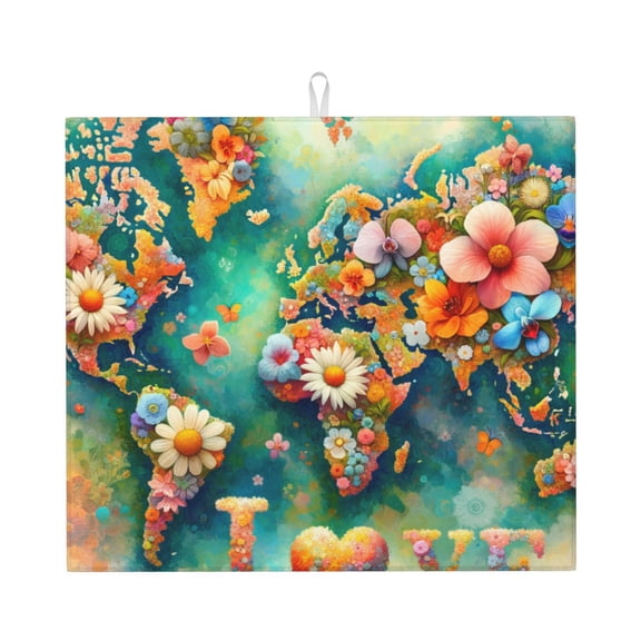 Vsdgher Colorful World Map Print Dish Drying Mat, Kitchen Counter Mat, Dish Drying Pad for Dishes, Utensils, Pots and Pans,16" x 18"
