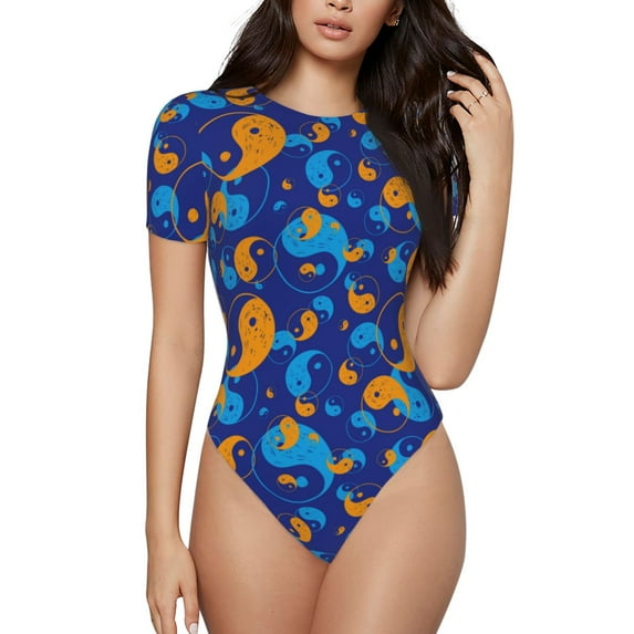 Vsdgher Colorful Yin Yang Prinr Short Sleeve Body suit for Womens, Sexy Onesie One Piece Round Neck Bodysuit Shapewear Tummy Control-Large