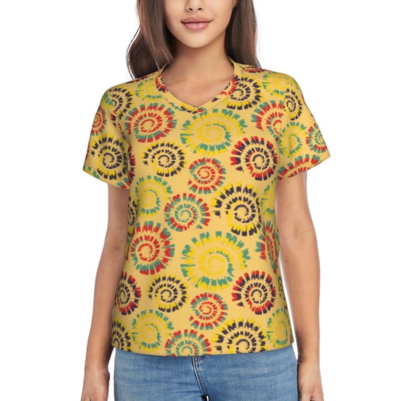 Vsdgher Colourful Tie Dye 1 Women Shirts V Neck Short Sleeve Tops T-Shirt Basic Tees, S to 3XLLarge