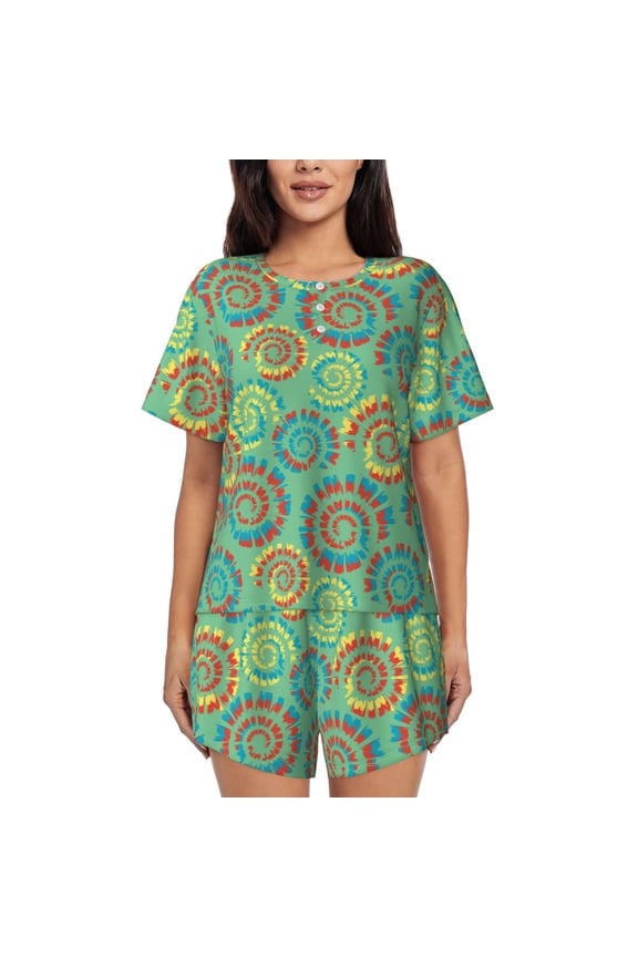 Colourful Tie Dye Pattern Womens Pajamas 2 Piece Short Sleeve Sleepwear Set,Summer Soft Pajamas Set Casual Lounge Sets, 2-Piece Pj -Small