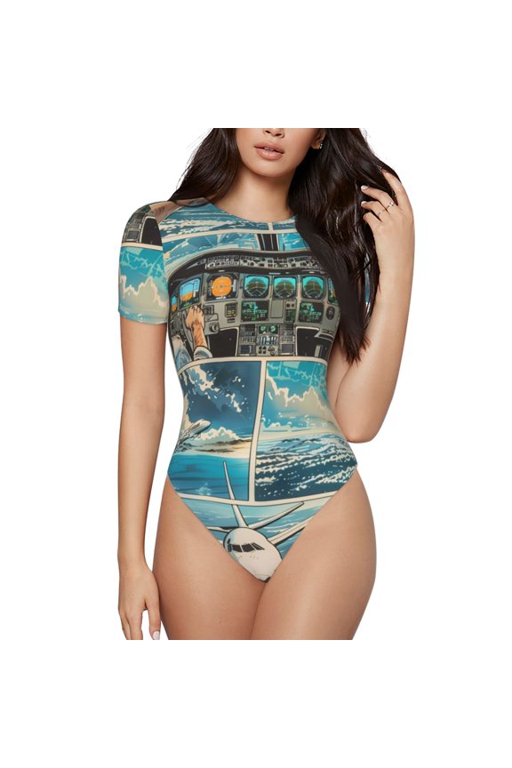 Comic Airplane Cockpit Illustration Prinr Short Sleeve Body suit for Womens, Sexy Onesie One Piece Round Neck Bodysuit Shapewear Tummy Control-Medium