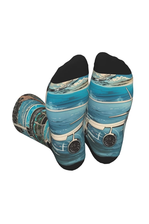 Comic Airplane Cockpit Illustration Unisex Crew Socks Lightweight Breathable Ventilation Ankle Socks, Mid-calf socks for Daily