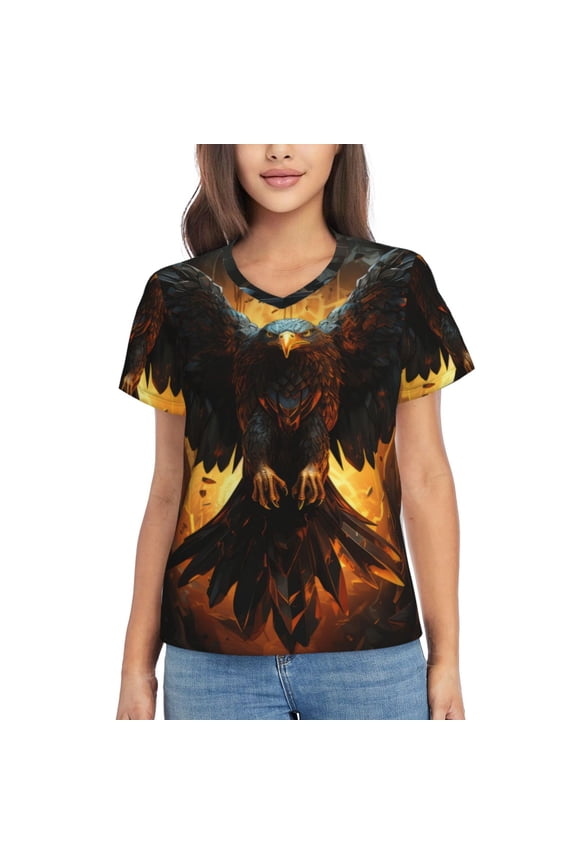 Cool Black Eagle Women Shirts V Neck Short Sleeve Tops T-Shirt Basic Tees, S to 3XLSmall
