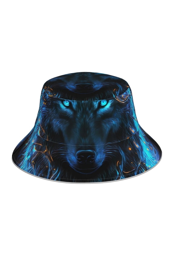 Cool Blue Light Wolf Print Bucket Hat for Men&Women Bucket Hat Reversible Summer Double-Side-Wear Travel Gardening, Beach, Camping, Hiking, Fishing Cap