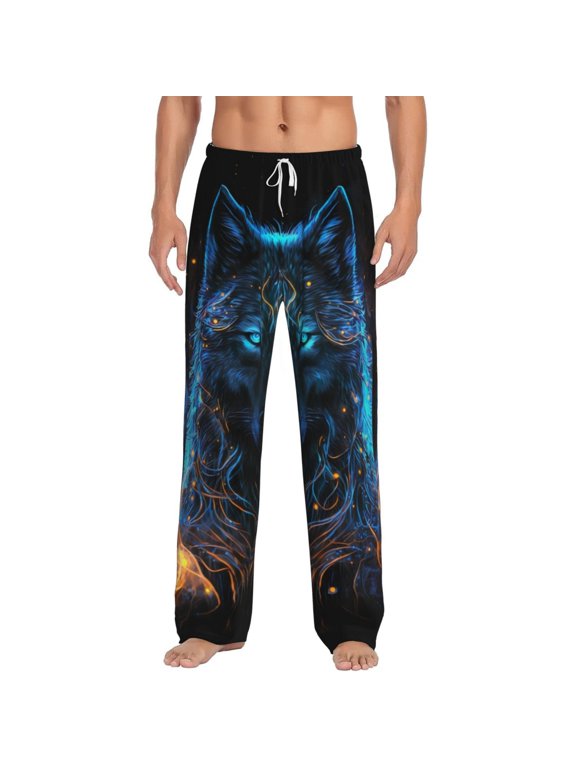 Cool Blue Light Wolf Print Mens Pajama Pants Sleep & Lounge Pants, PJ Bottoms With elastic waistb and Pockets