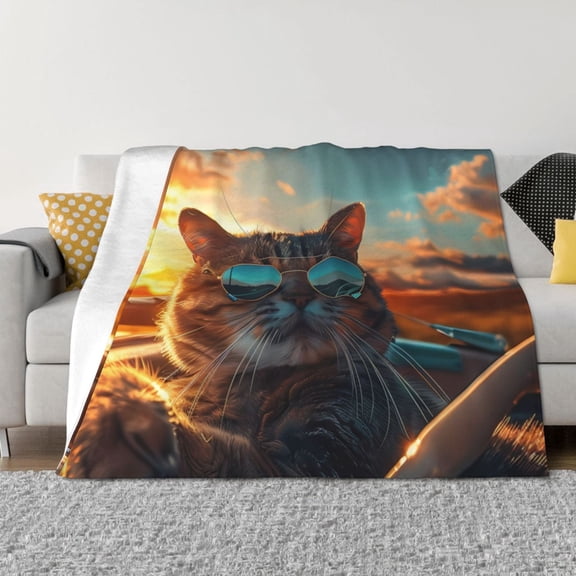 Vsdgher Cool Cat Driving Sunset Pattern Fleece Throw Blanket, Horizontal Fleece Bedding Home Decor for Couch & Bed All Season Use -80"x60"
