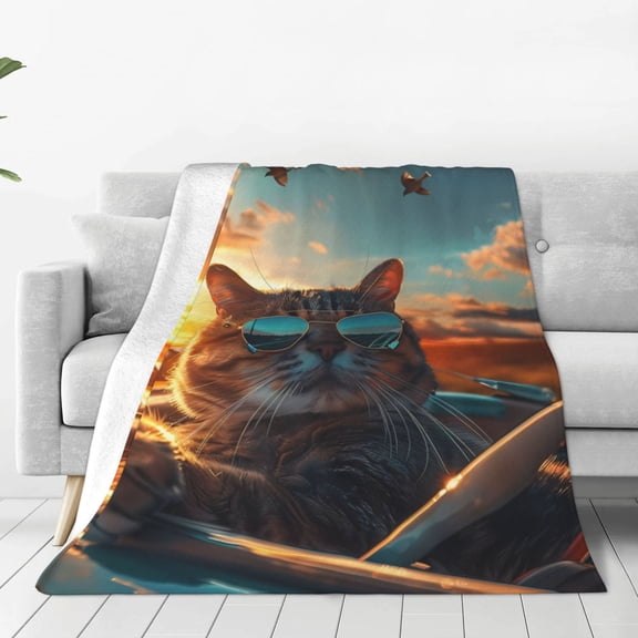 Vsdgher Cool Cat Driving Sunset Ultra-Soft Micro flannel Blanket Throw Blankets for Couch Sofa, Bed (4 sizes)-80"x60"
