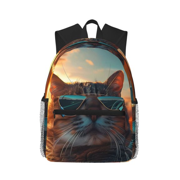 Vsdgher Cool Cat Driving Sunset Unisex Large Capacity Bookbag, Schoolbag, Casual Daypack for High School, College, Teens, Travel, Work