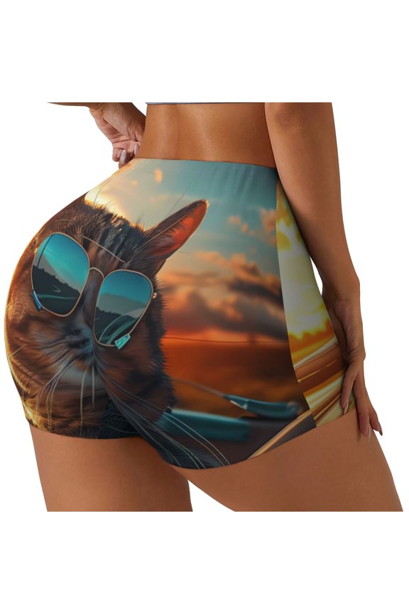 Cool Cat Driving Sunset Workout Shorts for Women Seamless Soft Smooth Gym Yoga Scrunch Active Exercise Fitness Shorts-Medium