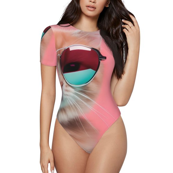 Vsdgher Cool Cat Pink Sunglasses Prinr Short Sleeve Body suit for Womens, Sexy Onesie One Piece Round Neck Bodysuit Shapewear Tummy Control-Medium