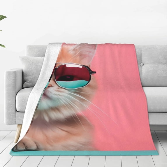 Vsdgher Cool Cat Pink Sunglasses Ultra-Soft Micro flannel Blanket Throw Blankets for Couch Sofa, Bed (4 sizes)-80"x60"