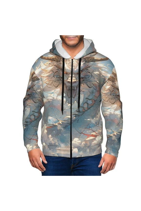Cool Cloud White Dragon Mens Hoodies Zip Hoodie, Hoodies for Men, Zip-up Hooded Sweatshirt-Large