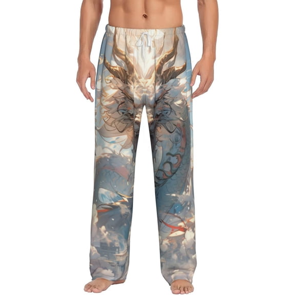Vsdgher Cool Cloud White Dragon Print Mens Pajama Pants Sleep & Lounge Pants, PJ Bottoms With elastic waistb and Pockets