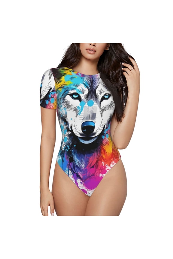 Cool Colorful Wolf Prinr Short Sleeve Body suit for Womens, Sexy Onesie One Piece Round Neck Bodysuit Shapewear Tummy Control-Medium