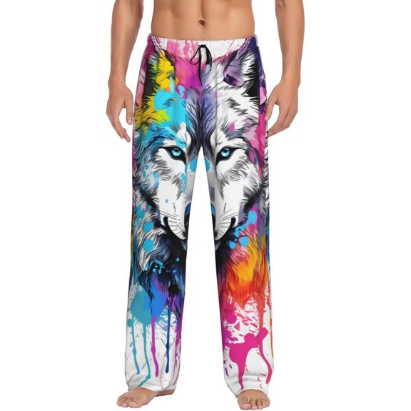 Vsdgher Cool Colorful Wolf Print Mens Pajama Pants Sleep & Lounge Pants, PJ Bottoms With elastic waistb and Pockets