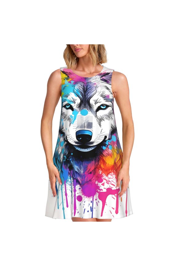 Cool Colorful Wolf Print Summer Dresses for Women Casual U Neck Beach Dress Sleeveless Tank Loose Sundress with Pocket -Large