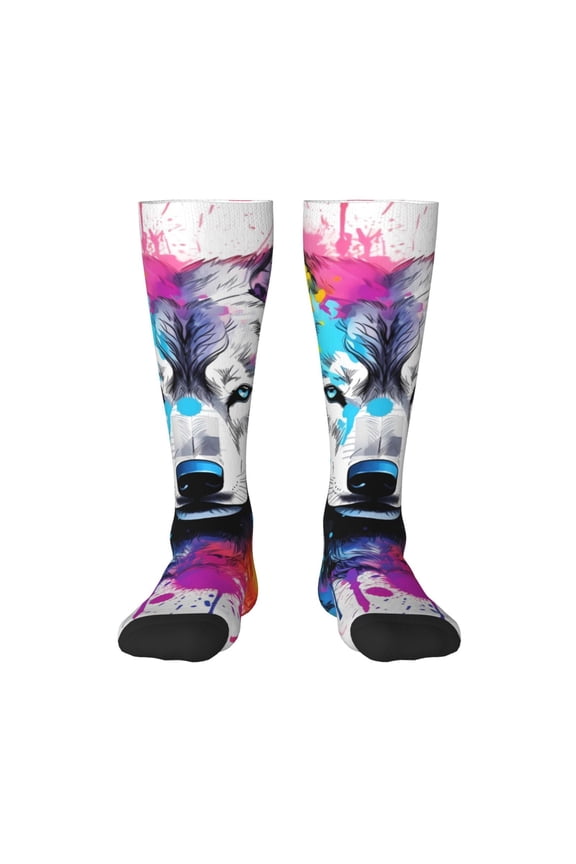 Cool Colorful Wolf Print Thigh High Socks Extra Long Stretchy Sock Women Over Knee High Opaque Stocking Daily Wear