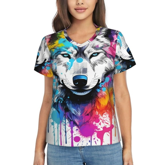 Vsdgher Cool Colorful Wolf Women Shirts V Neck Short Sleeve Tops T-Shirt Basic Tees, S to 3XLSmall