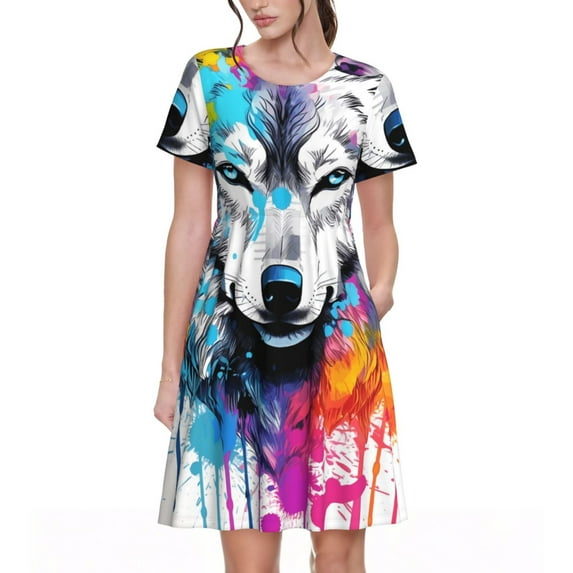 Vsdgher Cool Colorful Wolf for Womens Summer 2025 Casual Midi Maxi Dresses Lightweight Short Sleeve Round Neck Beach Dress -Large
