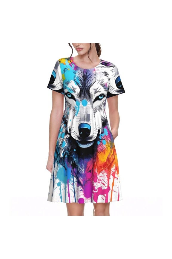 Cool Colorful Wolf for Womens Summer 2025 Casual Midi Maxi Dresses Lightweight Short Sleeve Round Neck Beach Dress -X-Large