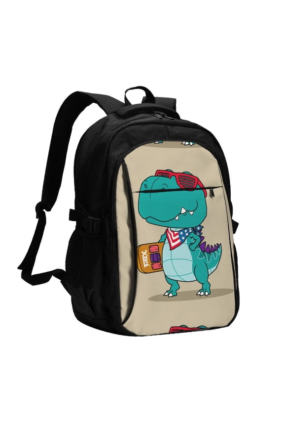 Cool Dino Playing Skateboard Print Travel Laptop Backpack, Laptops Backpack with USB Charging Port, Water Resistant Computer Bag Gift for Men & Women