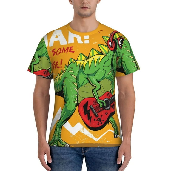 Vsdgher Cool Dinosaur Playing Guitar Print Men's Dry Fit Mesh Athletic Shirts Moisture Wicking Tennis T-Shirt Tops