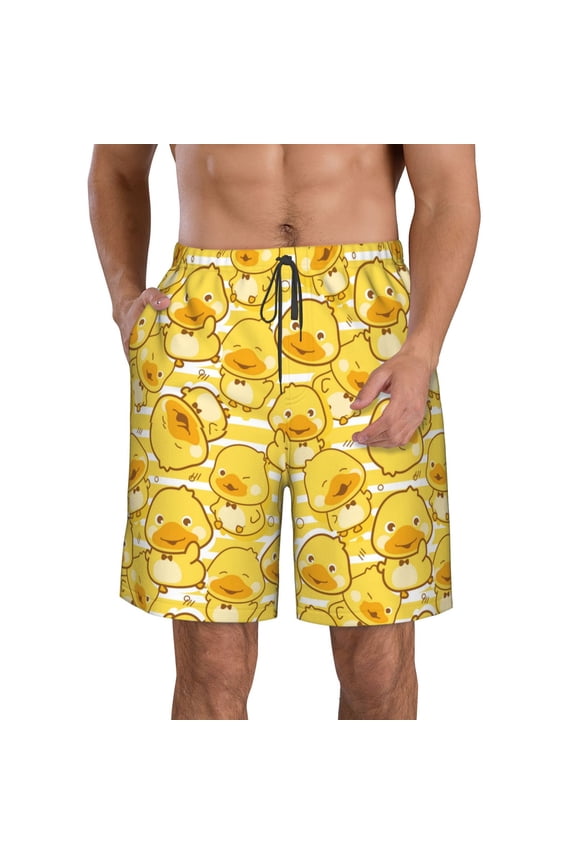 Cool Duck With Yellow Strip Men's Beach Shorts, Surfing shorts, Swim trunks, Quick Dry Swim Trunks for Surfing Beach Fun -Small