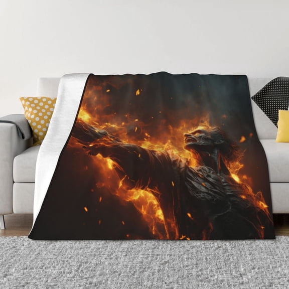 Vsdgher Cool Fire Man Pattern Fleece Throw Blanket, Horizontal Fleece Bedding Home Decor for Couch & Bed All Season Use -50"x40"