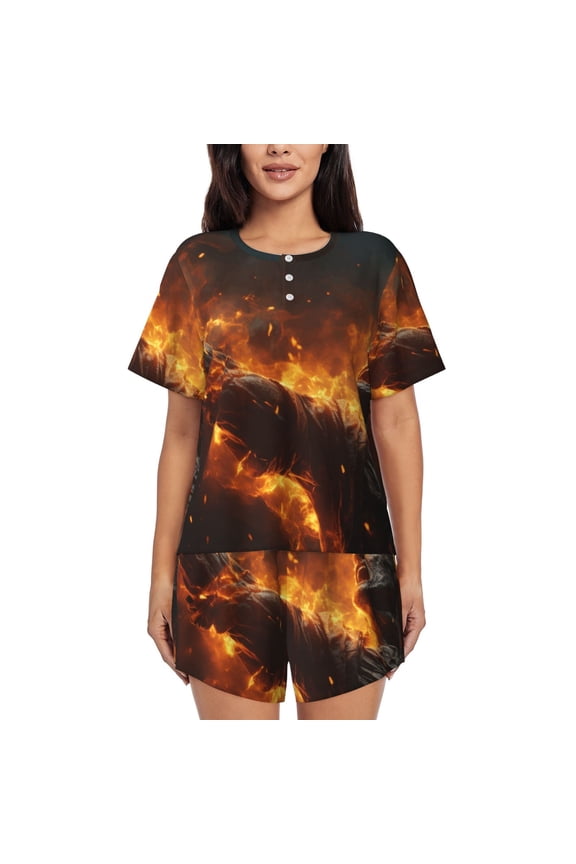 Cool Fire Man Pattern Womens Pajamas 2 Piece Short Sleeve Sleepwear Set,Summer Soft Pajamas Set Casual Lounge Sets, 2-Piece Pj -Large