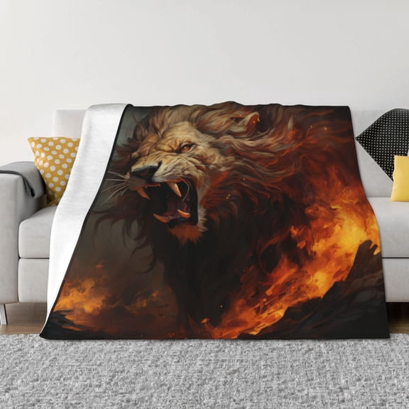 Vsdgher Cool Flame Lion A Pattern Fleece Throw Blanket, Horizontal Fleece Bedding Home Decor for Couch & Bed All Season Use -80"x60"