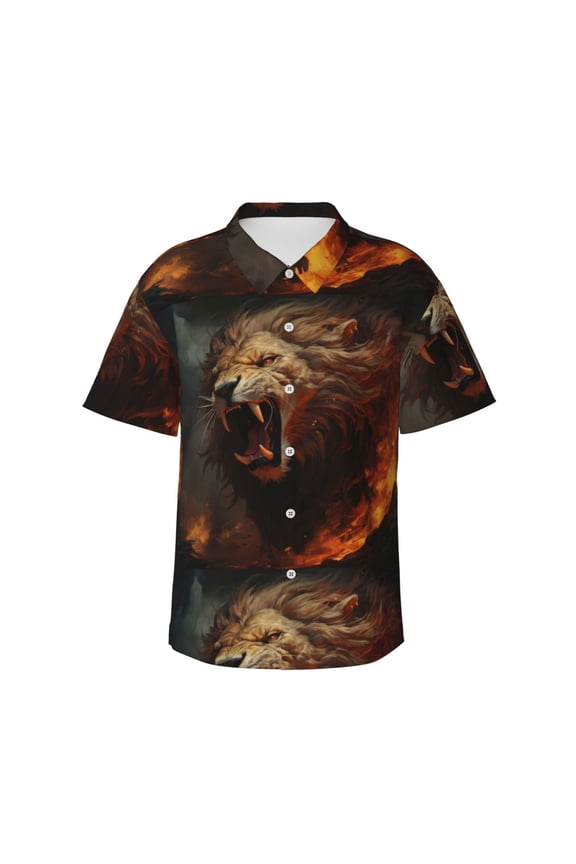 Cool Flame Lion A Print Men's Hawaiian Shirts Button Down Tropical Holiday Beach Shirts Vacation Clothes,Medium