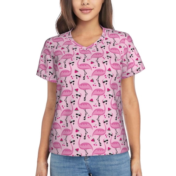 Vsdgher Cool Flamingos Women Shirts V Neck Short Sleeve Tops T-Shirt Basic Tees, S to 3XLSmall