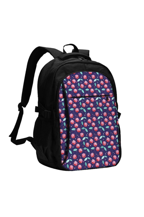 Cool Mirror Cherries Print Travel Laptop Backpack, Laptops Backpack with USB Charging Port, Water Resistant Computer Bag Gift for Men & Women