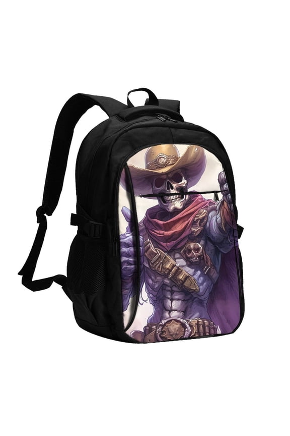 Cool Skull Cowboy Print Travel Laptop Backpack, Laptops Backpack with USB Charging Port, Water Resistant Computer Bag Gift for Men & Women