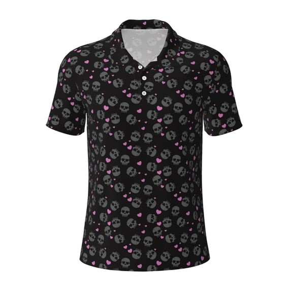 Vsdgher Cool Skull Love Print Men's Short Sleeve Stretch Polo Shirt, Moisture-Wicking Performance Polo Shirt