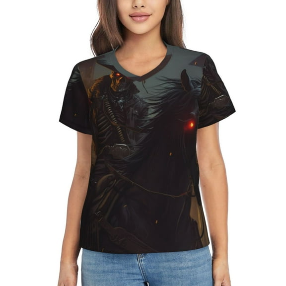 Vsdgher Cool Skull Western Cowboy Women Shirts V Neck Short Sleeve Tops T-Shirt Basic Tees, S to 3XLSmall