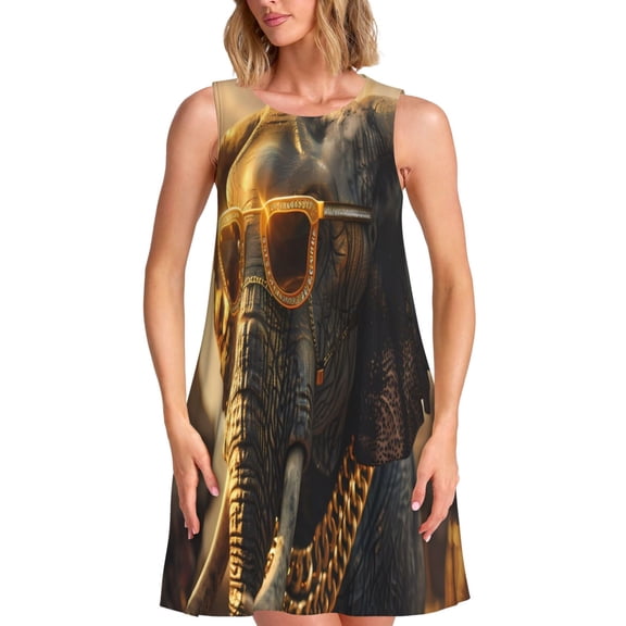 Vsdgher Cool Sunglasses Elephant Art Print Summer Dresses for Women Casual U Neck Beach Dress Sleeveless Tank Loose Sundress with Pocket -3X-Large