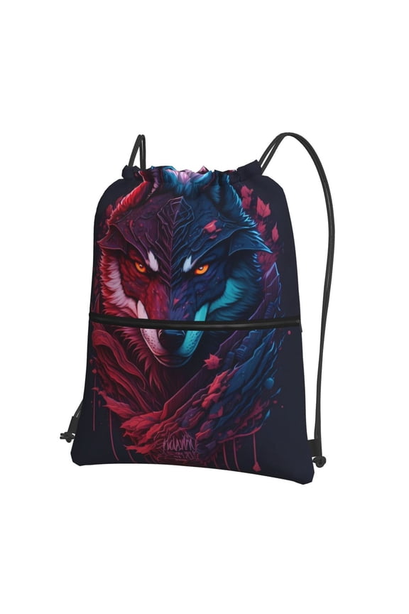 Cool Wolf Head Drawstring Backpack Water Resistant String Bag Sports Sackpack Gym Sack for Men Women