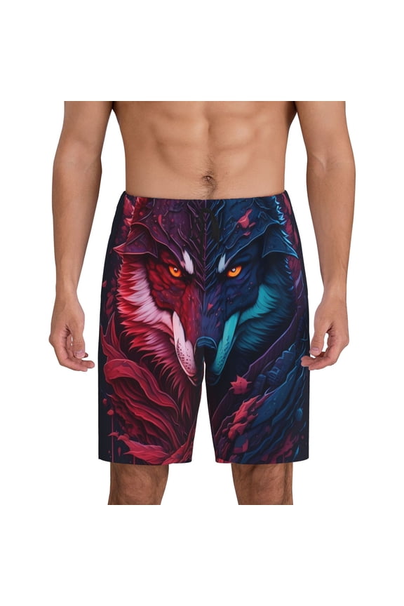 Cool Wolf Head Print Men's Pajama Shorts Lounge Bottoms Sleep Shorts Elastic Waist Lightweight PJ Shorts with Pockets-Medium