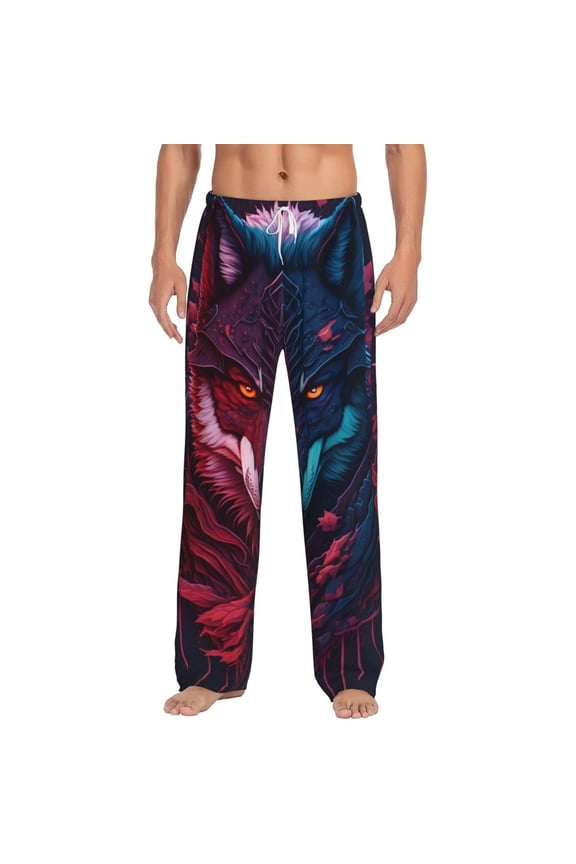 Cool Wolf Head Print Mens Pajama Pants Sleep & Lounge Pants, PJ Bottoms With elastic waistb and Pockets