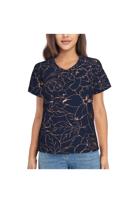 Copper-Gold Gloss Outline Flower Women Shirts V Neck Short Sleeve Tops T-Shirt Basic Tees, S to 3XLX-Large