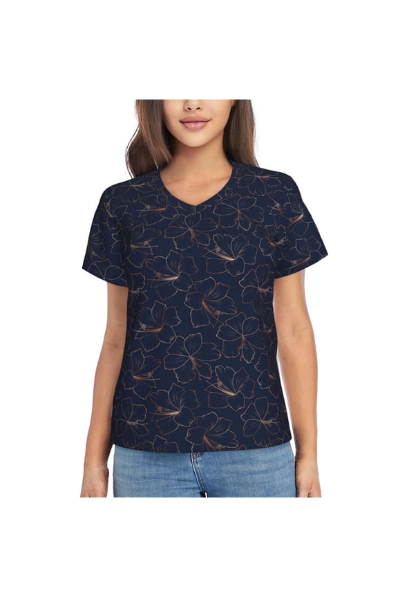 Copper-Gold Gloss Outline Lily Flower Women Shirts V Neck Short Sleeve Tops T-Shirt Basic Tees, S to 3XLSmall
